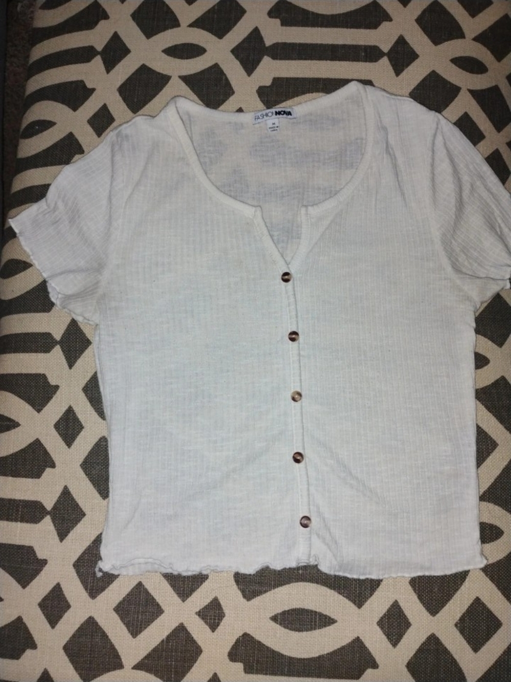Fashion Nova White Short Sleeve Button-Up Ribbed Top